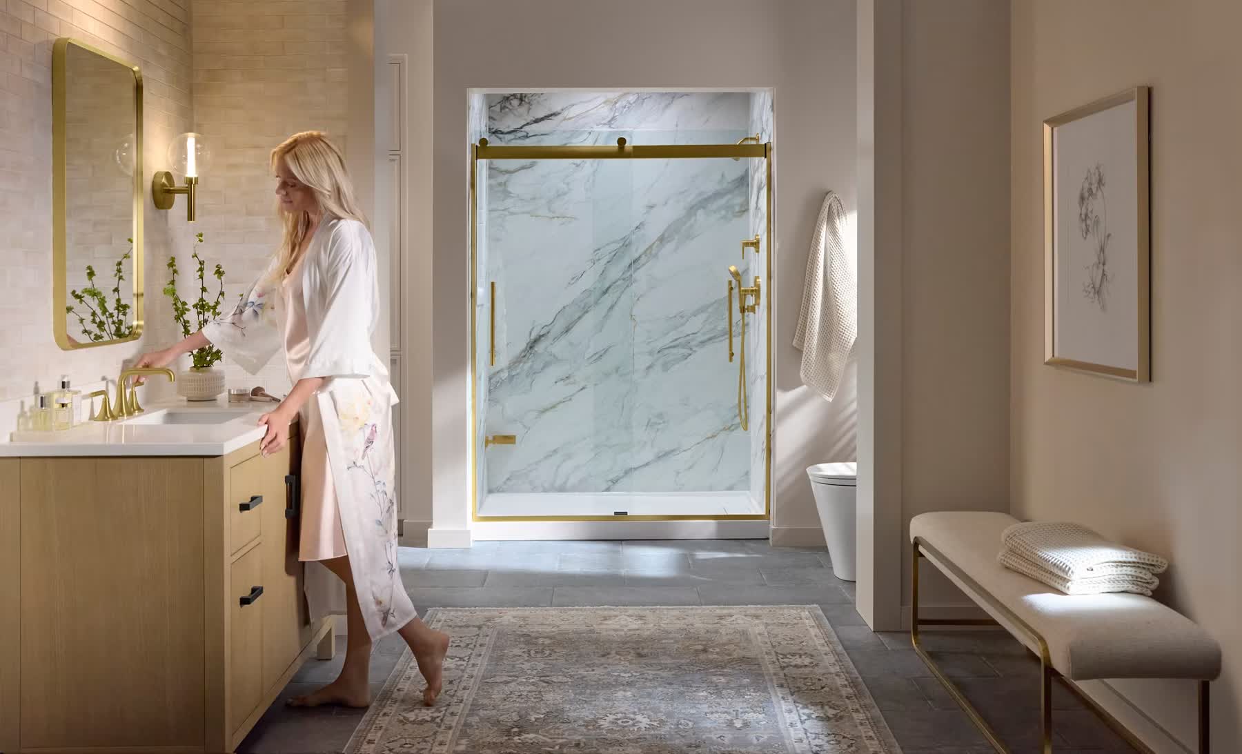 Bright bathroom with a glass-door walk-in shower